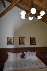 a bedroom with a bed and a chandelier at Mouson Melathron in Elafina