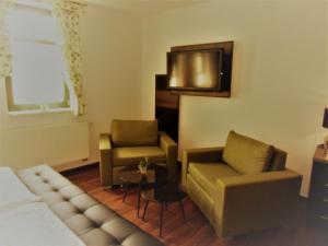 a living room with a couch and chairs and a tv at Hotel Trendtino in Eisenberg