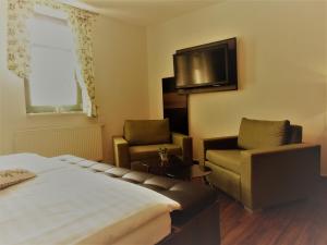 une chambre d'hôtel avec un lit, une chaise et une télévision dans l'établissement Hotel Trendtino, à Eisenberg