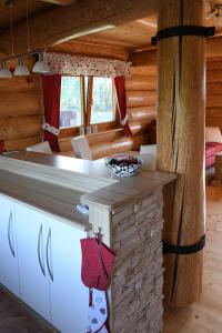 eine Küche mit einer Theke in einem Blockhaus in der Unterkunft Rybnik Bitovanky in Bítovany