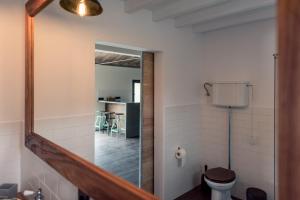 La salle de bains est pourvue d'un miroir et de toilettes. dans l'établissement Quinta de São José, à São Pedro