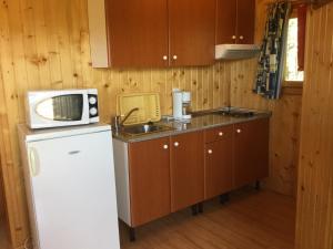 eine kleine Küche mit einer Mikrowelle und einem Kühlschrank in der Unterkunft Casitas Cinco Castaños in Candelario