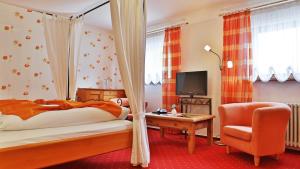een slaapkamer met een bed, een stoel en een televisie bij Hotel Restaurant Rebstock in Oppenau