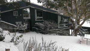 a house with a snow covered porch and trees at Thredbo YHA in Thredbo