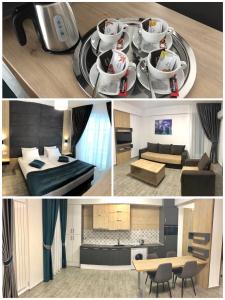 a collage of three pictures of a living room and a kitchen at Apartament Ella C&C Residence in Mamaia Sat/Năvodari +41 photos