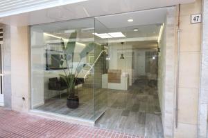 a glass window of a building with a plant in it at Alojamientos Santa Pola in Santa Pola