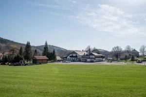 a large green field with a house in the background at Gostilna Lokve in Lokve
