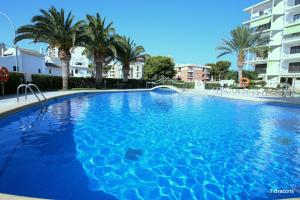 ein großer blauer Pool mit Palmen und Gebäuden in der Unterkunft Apartamento Mimosas in Miami Platja