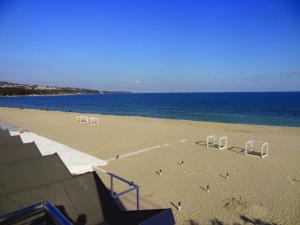 una spiaggia con sedie e uccelli sulla sabbia di Family Hotel Belle Epoque Beach a Varna