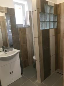 a bathroom with a sink and a toilet at Candy Apartman in Keszthely