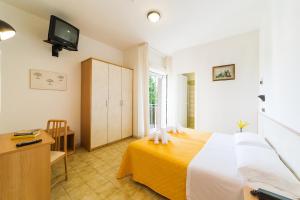 um quarto com uma cama, uma secretária e uma televisão em Hotel Garisenda em Misano Adriatico