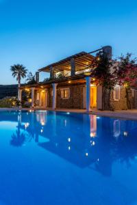 a villa with a swimming pool at night at Villa Irini in Mykonos
