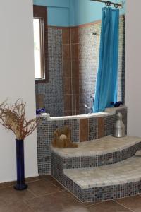 uma casa de banho com um chuveiro em azulejo e uma cortina de chuveiro azul. em Villa with Garden em Perea