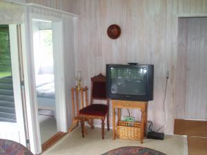 - un salon avec une télévision et une chaise dans l'établissement Summer cottage, à Nøreng