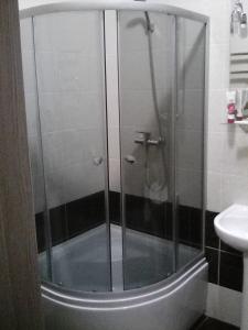 イルピンにあるMineralna Apartment 49のバスルーム(ガラス張りのシャワー、シンク付)