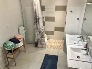 uma casa de banho com um lavatório, um chuveiro e um WC. em Gîte Bambou em Seigy