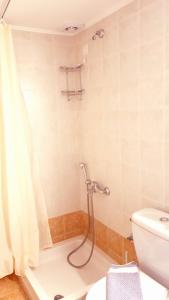 a bathroom with a shower with a toilet and a shower curtain at Creta Spirit in Plakias
