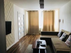 a living room with a couch and a coffee table at Jenys Apartment in Teplice