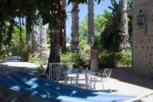 a patio with a table and chairs and palm trees at La casa tra i limoni in SantʼAgata di Militello