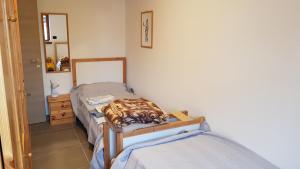 a small bedroom with a bed and a mirror at SAUZE 50 MT PISTE CLOTES in Sauze dʼOulx