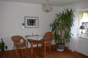 ein Esszimmer mit einem Tisch, Stühlen und einer Pflanze in der Unterkunft Gästehaus Voyage in Neumagen-Dhron