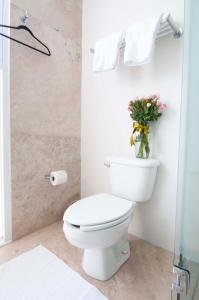 a bathroom with a toilet with a vase of flowers at Lombardo Suites in Mexico City