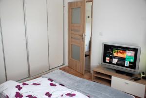 a small room with a television and a bed at Apartament Kraszewskiego in Bytom