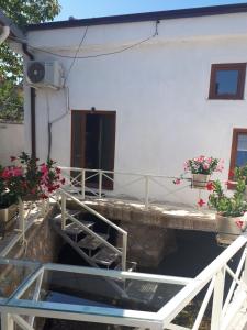 eine Veranda eines Hauses mit Topfpflanzen darauf in der Unterkunft Nuci's Home glass floor in Tushemisht