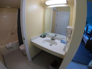 a bathroom with a sink and a mirror at Copper Lantern Motor Lodge in West Brookfield +37 photos