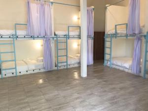 a room with three bunk beds with purple curtains at Boogie Hostel Kuta Lombok in Kuta Lombok