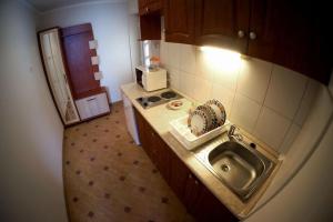 a small kitchen with a sink and a microwave at Borka Apartman in Makó