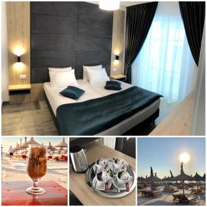 una habitación de hotel con una cama y una mesa con platos. en Apartament Ella C&C Residence, en Mamaia Nord – Năvodari