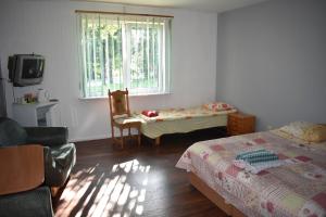 a bedroom with a bed and a table and a window at Druspolis in Druskininkai