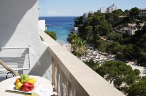 
a view from the balcony of a balcony overlooking the ocean at Hotel Apartamentos Cala Santanyi in Cala Santanyi
