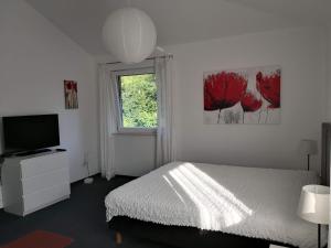 Schlafzimmer mit einem Bett, einem TV und einem Fenster in der Unterkunft Haus Ulmer in Meersburg