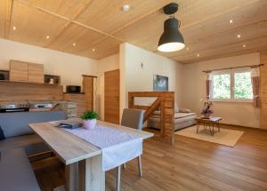 a kitchen and living room with a table and a couch at Schladminger Tauern Apartment in Haus im Ennstal