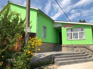 une maison verte avec des escaliers en face de celle-ci dans l'établissement Vesela Bdzhilka, à Soumy