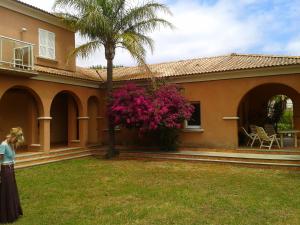 een vrouw die voor een huis met een palmboom staat bij Résidence les chênes in Borgo