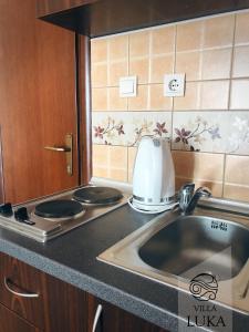 a kitchen counter with a sink and a mixer at Apartments Villa Luka in Sveti Stefan +37 photos