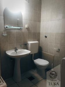 a bathroom with a toilet and a sink and a mirror at Apartments Villa Luka in Sveti Stefan