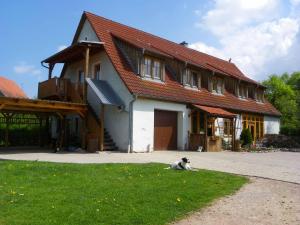 a cat laying on the grass in front of a house at Spatzenhof in Weiltingen