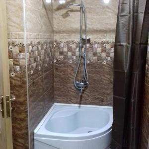 La salle de bains est pourvue d'une douche et d'une baignoire. dans l'établissement Hotel family hotel, à Chiatʼura