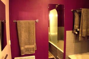 シェルブール・アン・コタンタンにあるT1 tout équipé avec balcon & parking !の紫の壁のバスルーム(シャワー、タオル付)