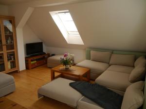 a living room with a couch and a skylight at Ferienhaus-Uckermarkblick in Rosenow