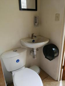 La salle de bains est pourvue de toilettes blanches et d'un lavabo. dans l'établissement Monteverde Monte Green, à Monteverde Costa Rica