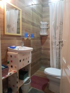 un bagno con un lavandino bianco e un water di maison la branche d oiseaux a Douar Annbirat Altre 27 foto