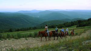 a group of people riding horses in the mountains at Inn at Snowshoe in Snowshoe
