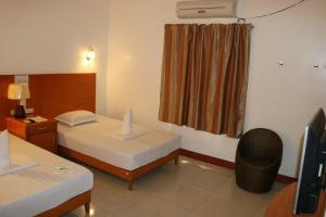 a bedroom with two beds and a window and a television at Jeamco Royal Hotel-General Santos in General Santos