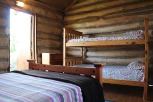 a bedroom with two bunk beds in a log cabin at The Wild Farm Backpackers in Wilderness