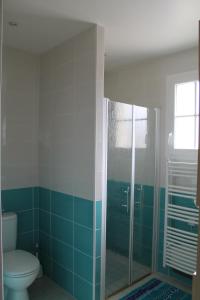 een badkamer met een toilet en een glazen douche bij 18B Rue Winston Churchill in Jonzac